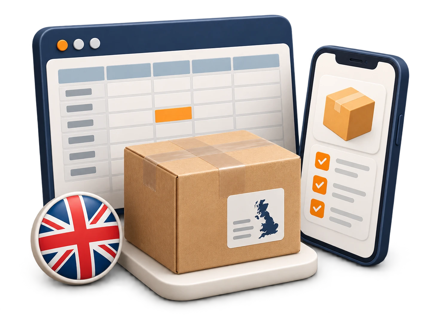 Spreadsheet, parcel and QC phone illustration